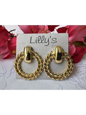 Lilly's Vintage Gold Tone DoorKnocker Braided Brass Earrings Post Back 1.35" NEW
